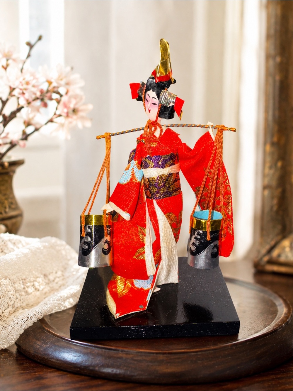 Vintage Japanese Shiokumi Salt Scooper Doll | Red Kimono Ningyo | Water Carrier